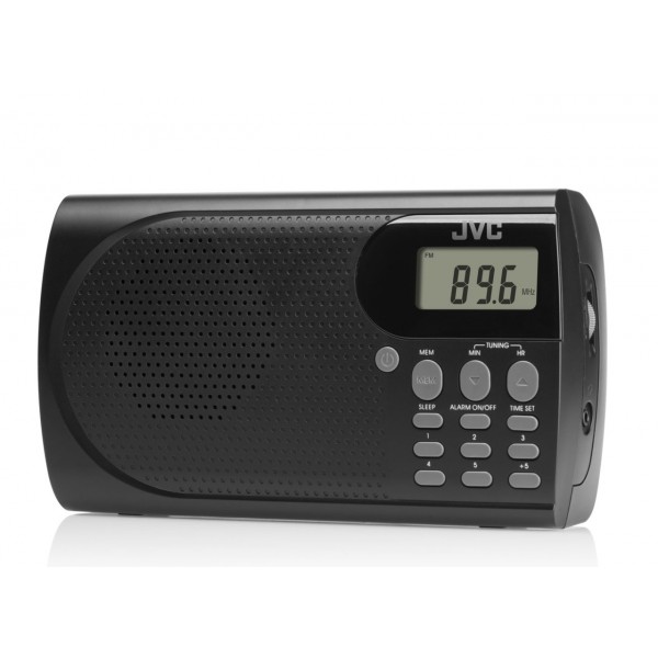 Radio portabil JVC RA-E431B, tuner digital FM, afisaj LCD, mufa jack pentru casti, ceas desteptator, antena, negru