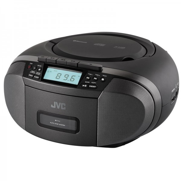 Radiocasetofon stereo cu CD JVC RC-E444B, 4W RMS, Bluetooth, USB, afisaj LCD, ceas, negru