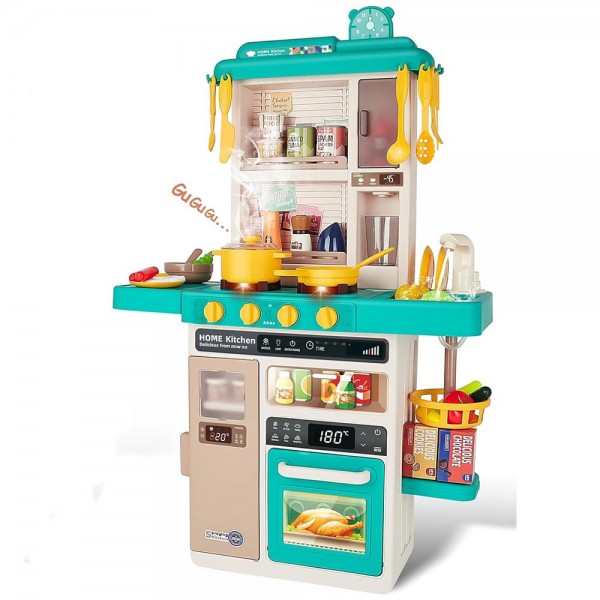 Bucatarie copii, Rovo 277, aragaz de jucarie, chiuveta cu circuit de apa, aragaz aburi, sunete, lumini, frigider, cuptor, fructe, legume, multiple accesorii, 50 de piese (277)
