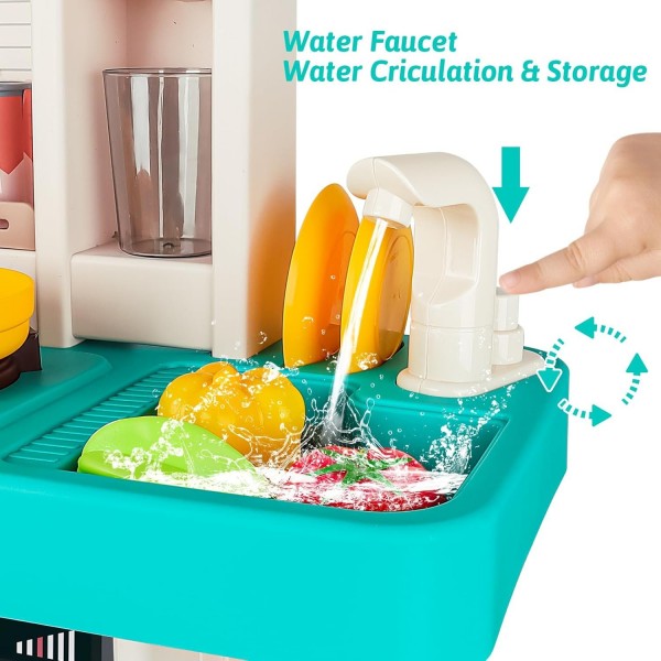 Bucatarie copii, Rovo 277, aragaz de jucarie, chiuveta cu circuit de apa, aragaz aburi, sunete, lumini, frigider, cuptor, fructe, legume, multiple accesorii, 50 de piese (277)