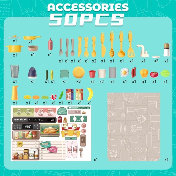 Bucatarie copii, Rovo 277, aragaz de jucarie, chiuveta cu circuit de apa, aragaz aburi, sunete, lumini, frigider, cuptor, fructe, legume, multiple accesorii, 50 de piese (277)