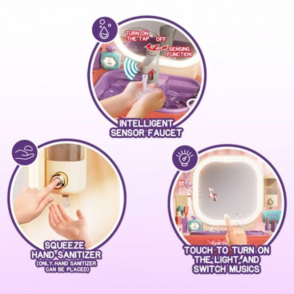 Masuta de Machiaj jucarie Rovo 959, Oglinda cu Lumini LED si Muzica, Robinet cu senzor, Dispenser Sapun, 23 piese (008-959)