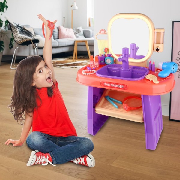 Masuta de Machiaj jucarie Rovo 959, Oglinda cu Lumini LED si Muzica, Robinet cu senzor, Dispenser Sapun, 23 piese (008-959)