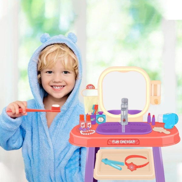 Masuta de Machiaj jucarie Rovo 959, Oglinda cu Lumini LED si Muzica, Robinet cu senzor, Dispenser Sapun, 23 piese (008-959)