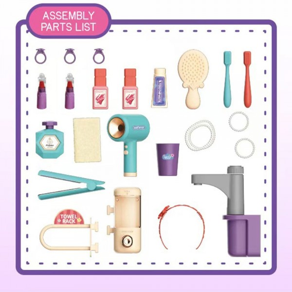 Masuta de Machiaj jucarie Rovo 959, Oglinda cu Lumini LED si Muzica, Robinet cu senzor, Dispenser Sapun, 23 piese (008-959)