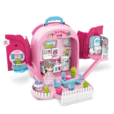 Set ghiozdan jucarie 3 in 1 Rovo 991, Bucatarie, Apartament Fetita, 86 piese, Roz (008-991)