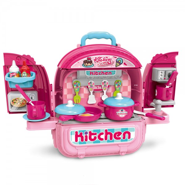 Set ghiozdan jucarie 3 in 1 Rovo 991, Bucatarie, Apartament Fetita, 86 piese, Roz (008-991)