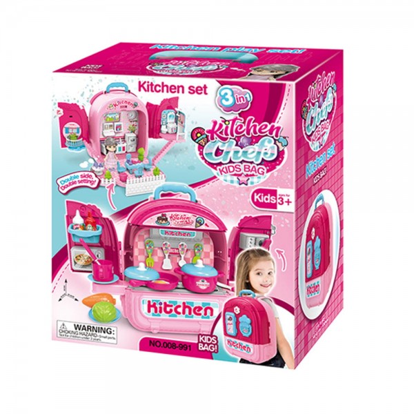 Set ghiozdan jucarie 3 in 1 Rovo 991, Bucatarie, Apartament Fetita, 86 piese, Roz (008-991)