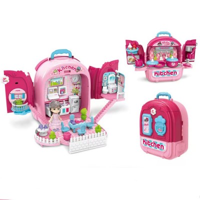Set ghiozdan jucarie 3 in 1 Rovo 991, Bucatarie, Apartament Fetita, 86 piese, Roz (008-991)