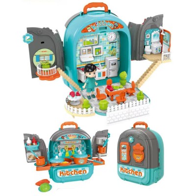 Set ghiozdan jucarie 3 in 1 Rovo 996, Bucatarie, Apartament Baietel, 86 piese, Albastru (008-996)