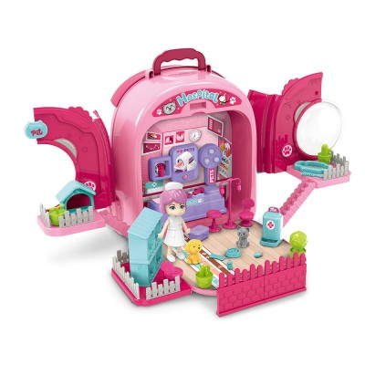 Set ghiozdan jucarie 3 in 1 Rovo 997-1, Spital Catel, Veterinar, 59 piese - Roz (008-997-1)