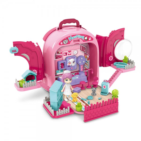 Set ghiozdan jucarie 3 in 1 Rovo 997-1, Spital Catel, Veterinar, 59 piese - Roz (008-997-1)