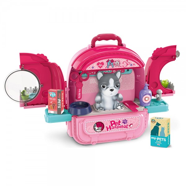 Set ghiozdan jucarie 3 in 1 Rovo 997-1, Spital Catel, Veterinar, 59 piese - Roz (008-997-1)