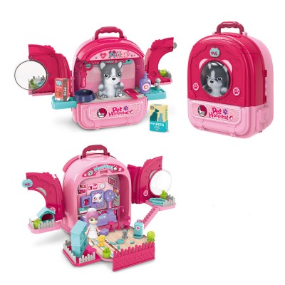 Set ghiozdan jucarie 3 in 1 Rovo 997-1, Spital Catel, Veterinar, 59 piese - Roz (008-997-1)