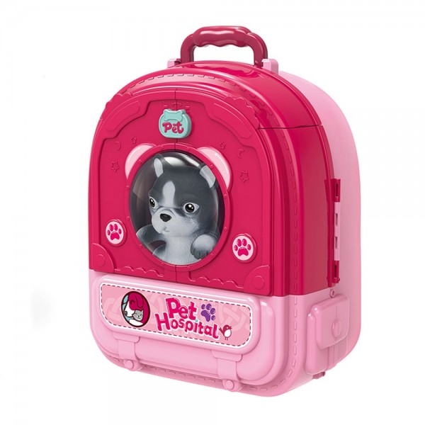 Set ghiozdan jucarie 3 in 1 Rovo 997-1, Spital Catel, Veterinar, 59 piese - Roz (008-997-1)