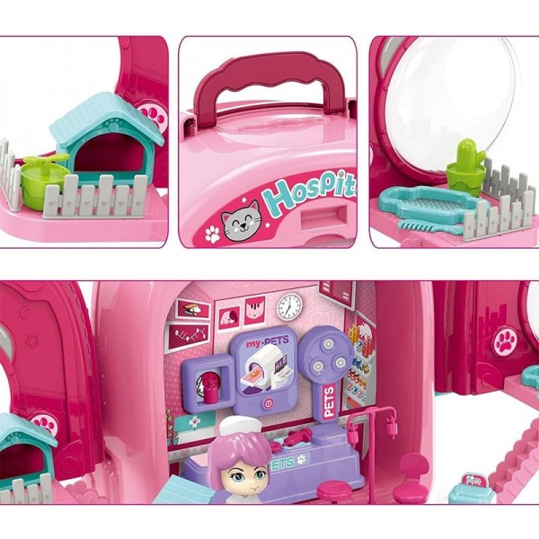 Set ghiozdan jucarie 3 in 1 Rovo 997-1, Spital Catel, Veterinar, 59 piese - Roz (008-997-1)