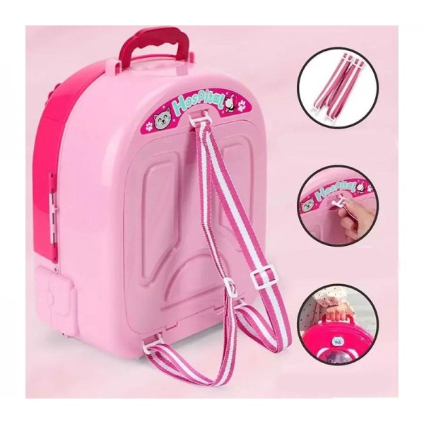 Set ghiozdan jucarie 3 in 1 Rovo 997-1, Spital Catel, Veterinar, 59 piese - Roz (008-997-1)