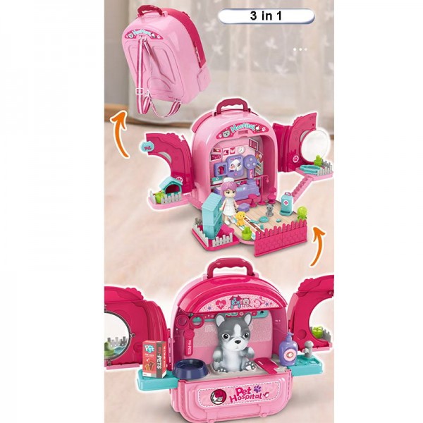 Set ghiozdan jucarie 3 in 1 Rovo 997-1, Spital Catel, Veterinar, 59 piese - Roz (008-997-1)