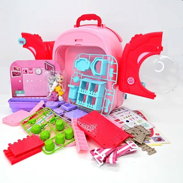 Set ghiozdan jucarie 3 in 1 Rovo 997-1, Spital Catel, Veterinar, 59 piese - Roz (008-997-1)