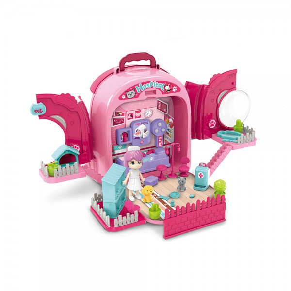 Set ghiozdan jucarie 3 in 1 Rovo 997-2, Spital Pisica, Veterinar, 59 piese - Roz (008-997-2)