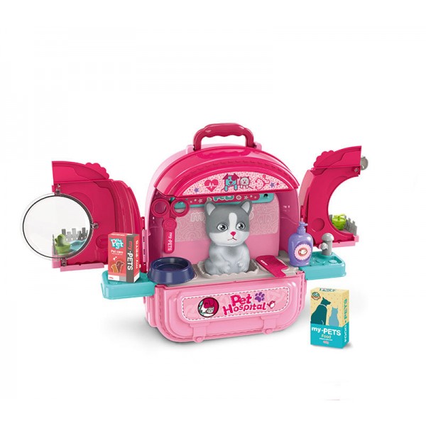 Set ghiozdan jucarie 3 in 1 Rovo 997-2, Spital Pisica, Veterinar, 59 piese - Roz (008-997-2)