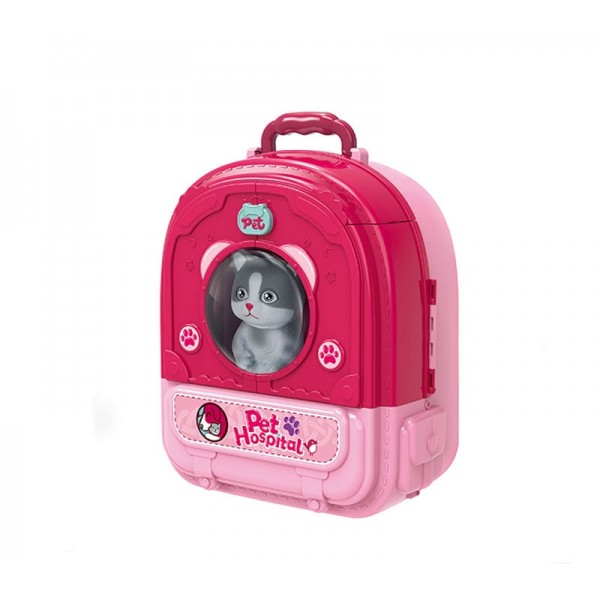 Set ghiozdan jucarie 3 in 1 Rovo 997-2, Spital Pisica, Veterinar, 59 piese - Roz (008-997-2)