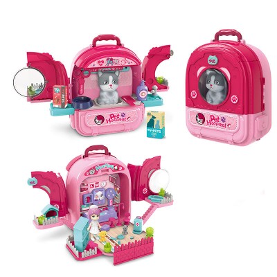 Set ghiozdan jucarie 3 in 1 Rovo 997-2, Spital Pisica, Veterinar, 59 piese - Roz (008-997-2)