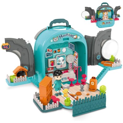 Set ghiozdan jucarie 3 in 1 Rovo 998-1, Spital Catel, Veterinar, 59 piese - Albastru (008-998-1)