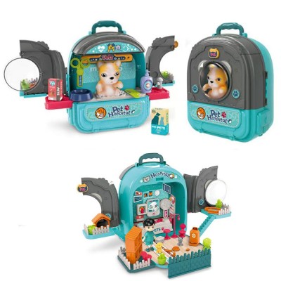 Set ghiozdan jucarie 3 in 1 Rovo 998-1, Spital Catel, Veterinar, 59 piese - Albastru (008-998-1)