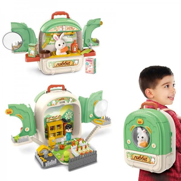 Set ghiozdan jucarie 3 in 1 Rovo 999-2, Iepuras, Fermier, Accesorii incluse (008-999-2)