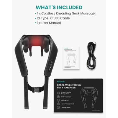 Aparat de masaj umeri, Nekteck A01-NM09, Acumulator 2600mAh, pentru spate, umeri, gat, picioare, masaj Shiatsu, incalzire (A01-NM09)