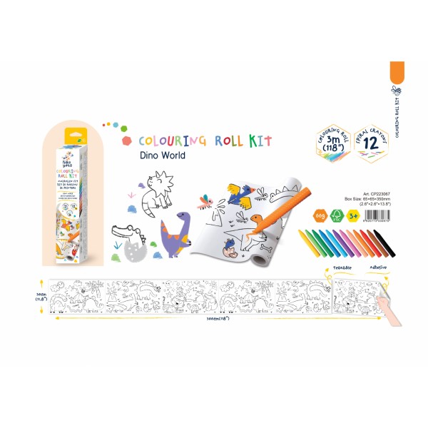 Kit rola de desenat 3 m si 12 creioane colorate cerate, Haku Yoka - Dinozauri
