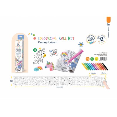 Kit rola de desenat 3 m si 12 creioane colorate cerate, Haku Yoka - Unicorni