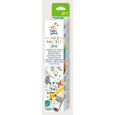 Kit rola de desenat autoadeziva - 3 m si 12 creioane colorate cerate, Spatiu - Haku Yoka