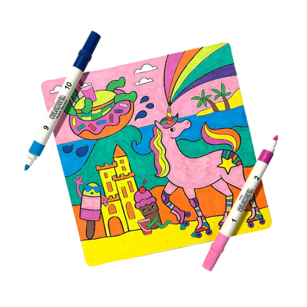 Set creativ de pictura dupa numere cu markere Colortopia - Taramul Unicornilor (Set de 6 culori duble)