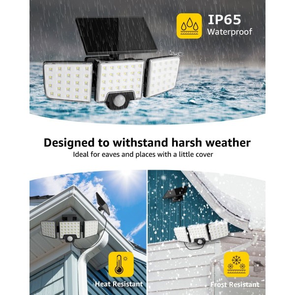 Lampa solara LED de perete Lepro PR640005.  1000lm, LED, Telecomanda, 3 panouri, 2 moduri, senzor de miscare