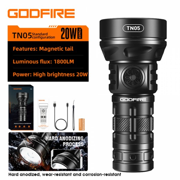 Lanterna LED  Godfire TN05, 20W, 1600lm, 362m, IP55, magnet, USB-C, 5 moduri, Lumina de urgenta