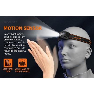 Lanterna LED pentru cap Superfire HL23-A, 220lm, 120m, 1600mAh, Lumina rosie, incarcare USB-C, control miscare