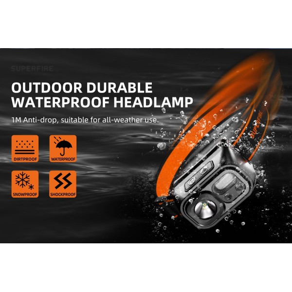 Lanterna LED pentru cap Superfire HL23-A, 220lm, 120m, 1600mAh, Lumina rosie, incarcare USB-C, control miscare