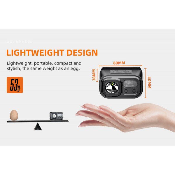 Lanterna LED pentru cap Superfire HL23-A, 220lm, 120m, 1600mAh, Lumina rosie, incarcare USB-C, control miscare