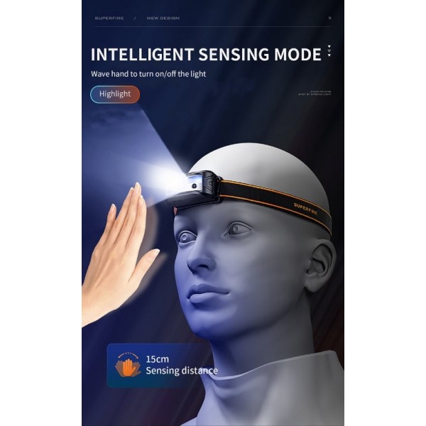 Lanterna LED pentru cap Superfire HL05-K, 120lm, 100m, 500mAh, Lumina rosie, control miscare