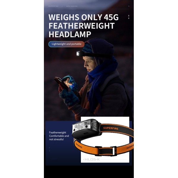 Lanterna LED pentru cap Superfire HL05-K, 120lm, 100m, 500mAh, Lumina rosie, control miscare