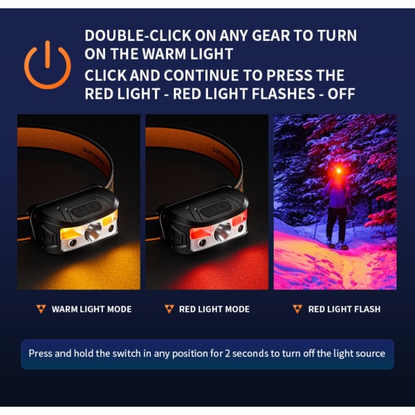 Lanterna LED pentru cap Superfire HL05-K, 120lm, 100m, 500mAh, Lumina rosie, control miscare