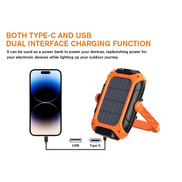 Lanterna LED Superfire GM05,  panou solar, 500 lumeni, acumulator 5200mAh, incarcare, USB-C