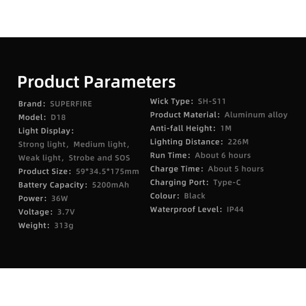 Lanterna LED Superfire D18, 2000lm, 226M, 5200mAh, incarcare USB-C, 36W