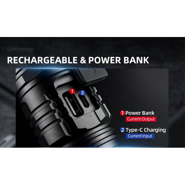 Lanterna LED Superfire V8-S, 2000lm, 300M, 5200mAh, Zoom, incarcare USB-C, 36W