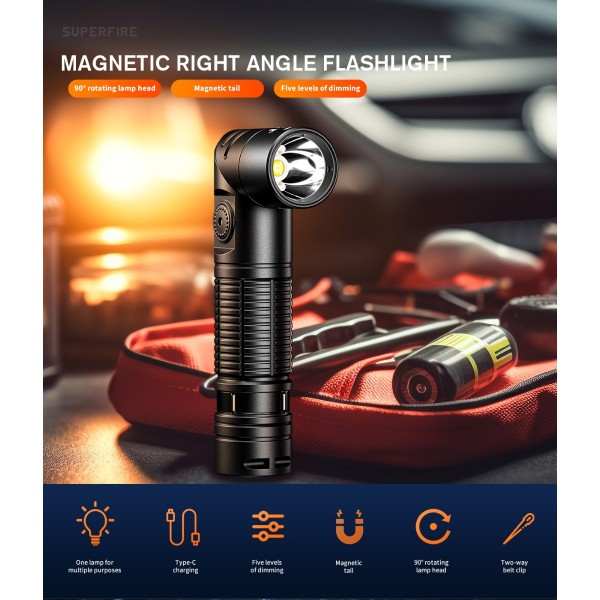 Lanterna Multifunctionala LED Supfire G19-S, USB-C, 360lm, 160m, prindere magnetica