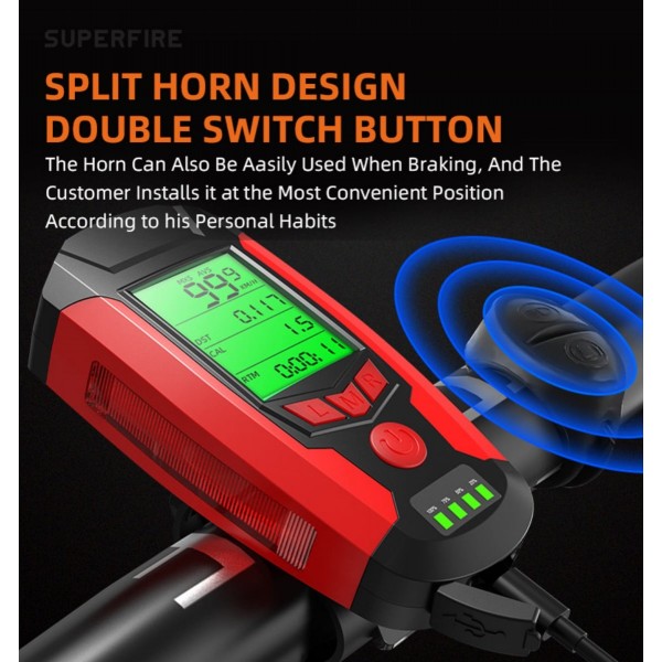 Lanterna pentru bicicleta 4 in 1 Superfire BM01, 300 lumeni, afisare viteza, km, temperatura, display cu afisaj, 5 functii,