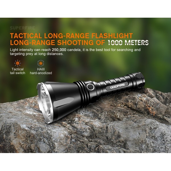 Lanterna tactica LED Godfire TF01, 1000m, 1371lm, aliaj aluminiu, 4800mAh, 245g, 5 moduri