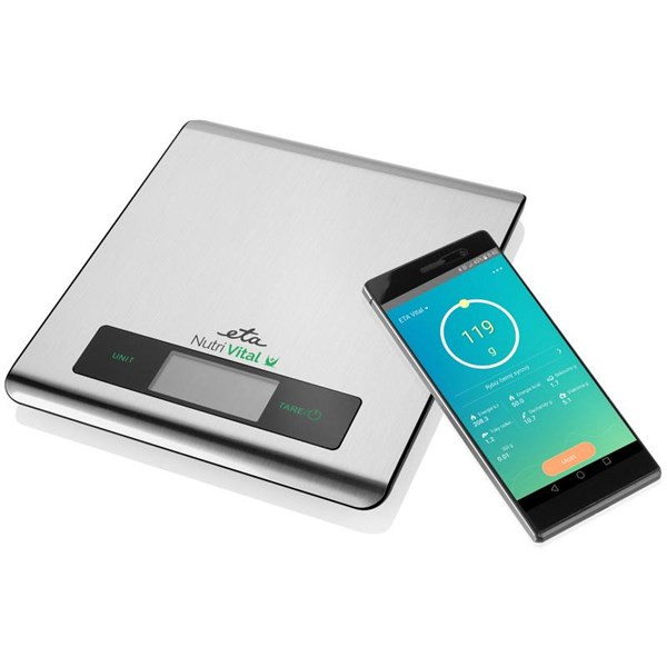 Cantar de bucatarie ETA Nutri Vital Smart 0790 90000, 5 Kg, precizie 1 g, tehnologie wireless , otel inoxidabil